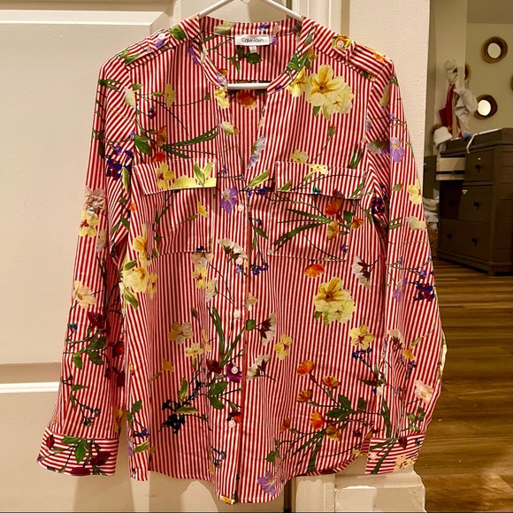 Calvin Klein Women’s Red Striped Floral Button Down Blouse - Picture 2 of 7